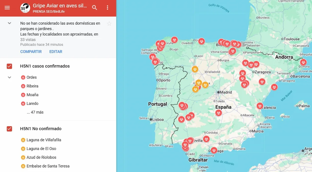 Mapa de la gripe aviar en aves silvestres en España / Imagen: SEO/BirdLife