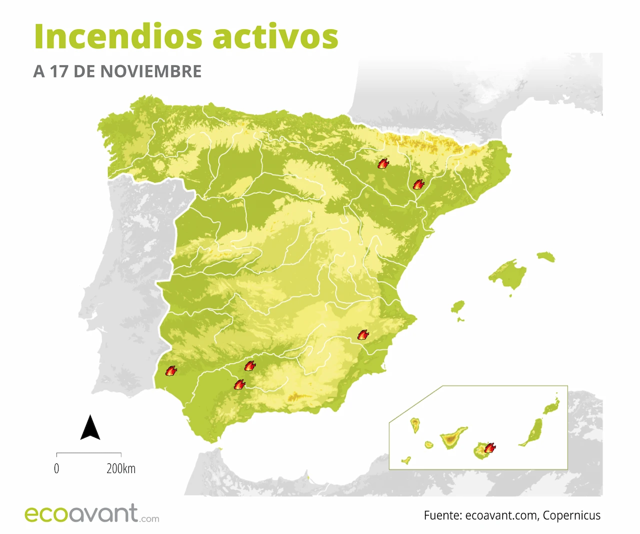 Mapa de los incendios forestales activos a 17 de noviembre de 2025 / Foto: EA Mapa de los incendios forestales activos a 17 de noviembre de 2025 / Foto: EA