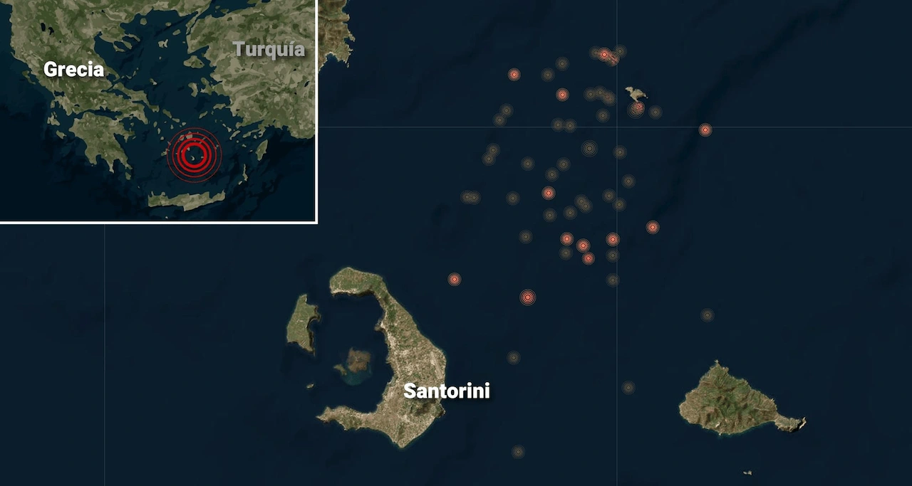 Imagen de archivo de terremoto en Santorini / Mapa: EP