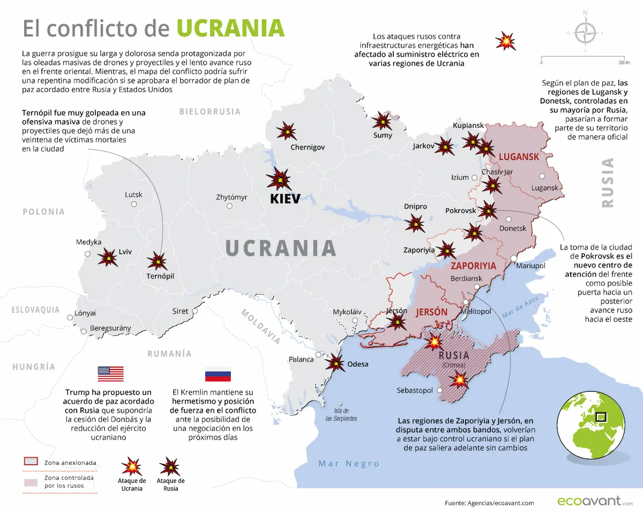Mapa de la guerra en Ucrania a 24 denoviembre de 2025 / Imagen: EA Mapa de la guerra en Ucrania a 24 denoviembre de 2025 / Imagen: EA