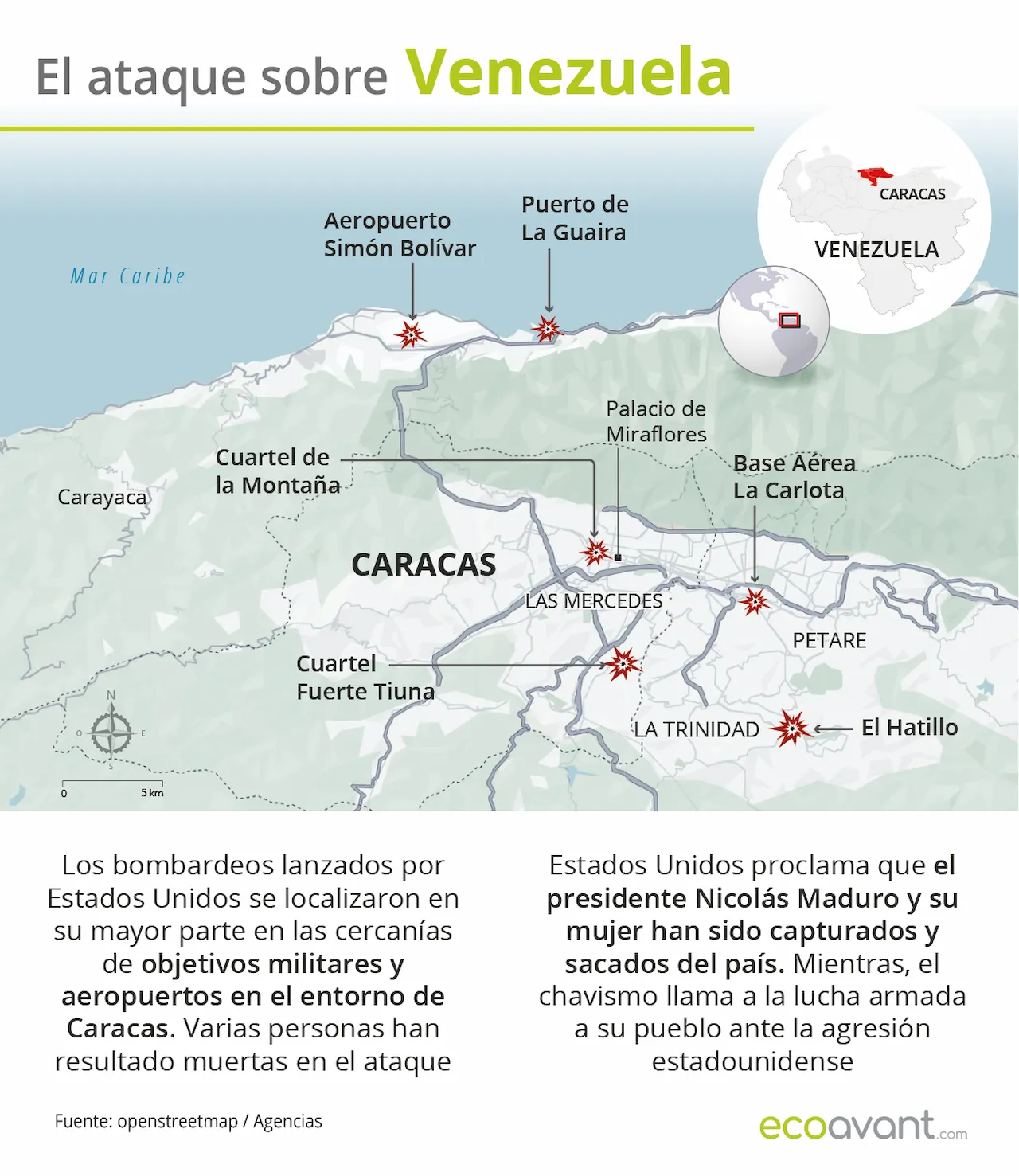 Mapa del ataque de EE UU sobre Venezuela / Imagen: EA Mapa del ataque de EE UU sobre Venezuela / Imagen: EA