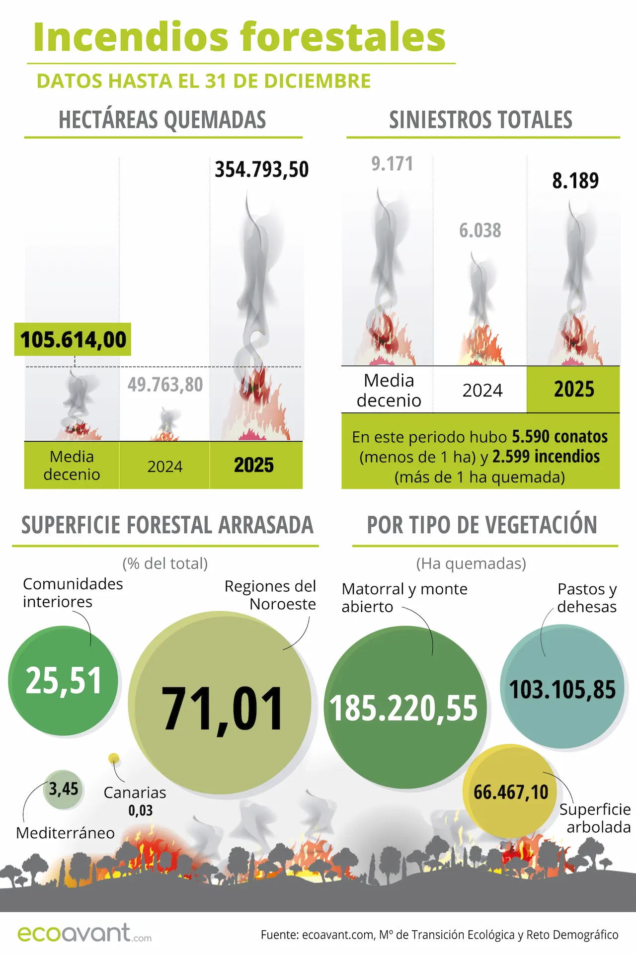 Incendios forestales en España en datos hasta el 31 de diciembre de 2025 / Infografía: EA