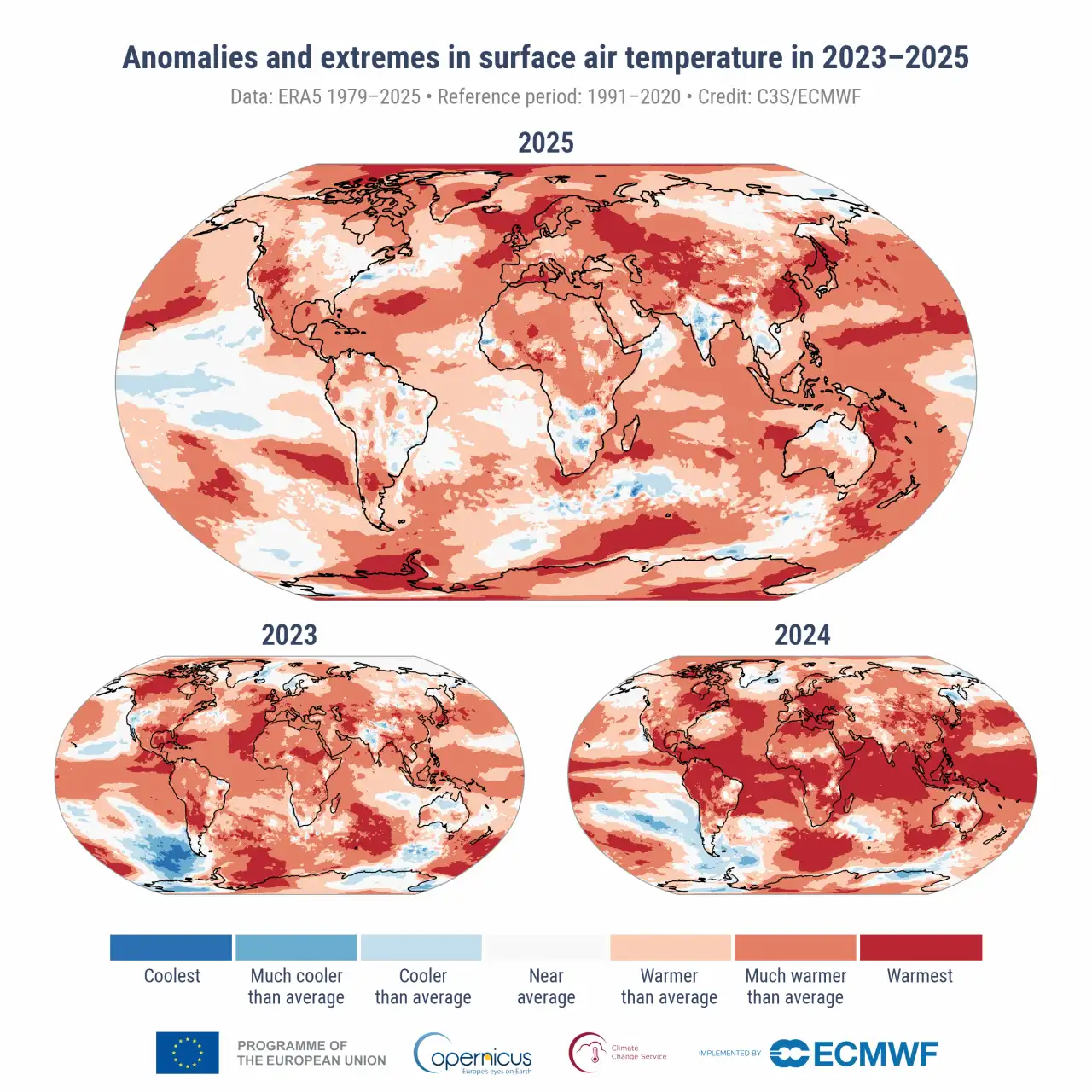 Anomalías y valores extremos de la temperatura del aire en la superficie para 2025, 2023 y 2024 / Mapa: C3S/ECMWF
