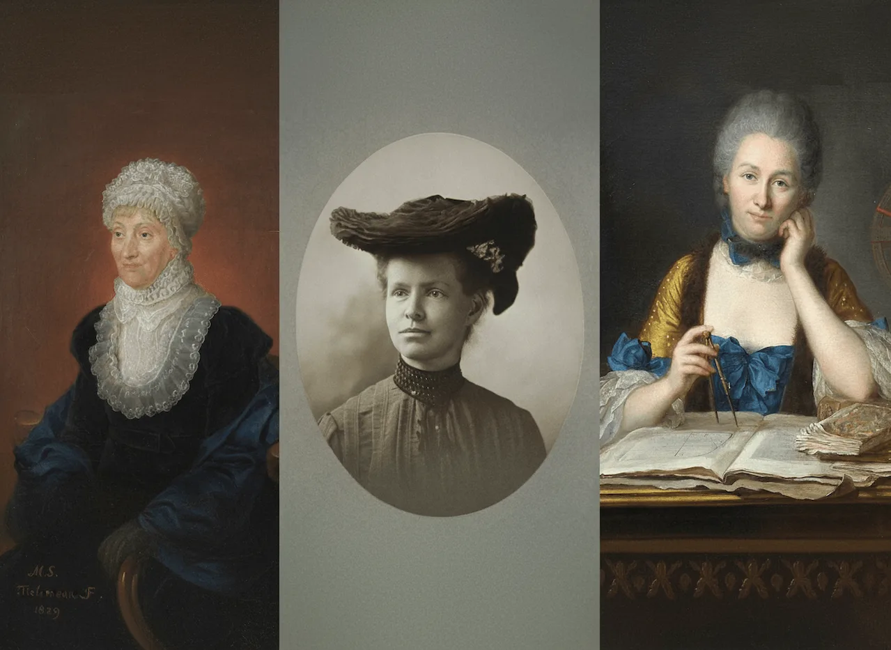 Caroline Herschel, Nettie Stevens y Émilie du Châtelet. Pioneras de la ciencia / Imagen: Wikimedia Commons