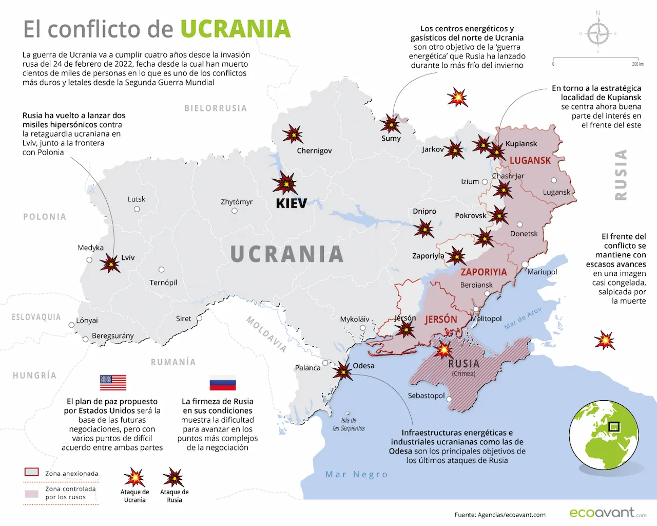 Mapa de la guerra en Ucrania a 16 de febrero de 2026 / Imagen: EA
