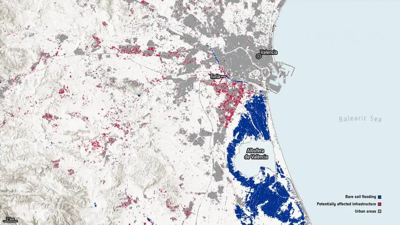 La extensión de la inundación de la dana de València / Imagen: ESA–Setinel-1