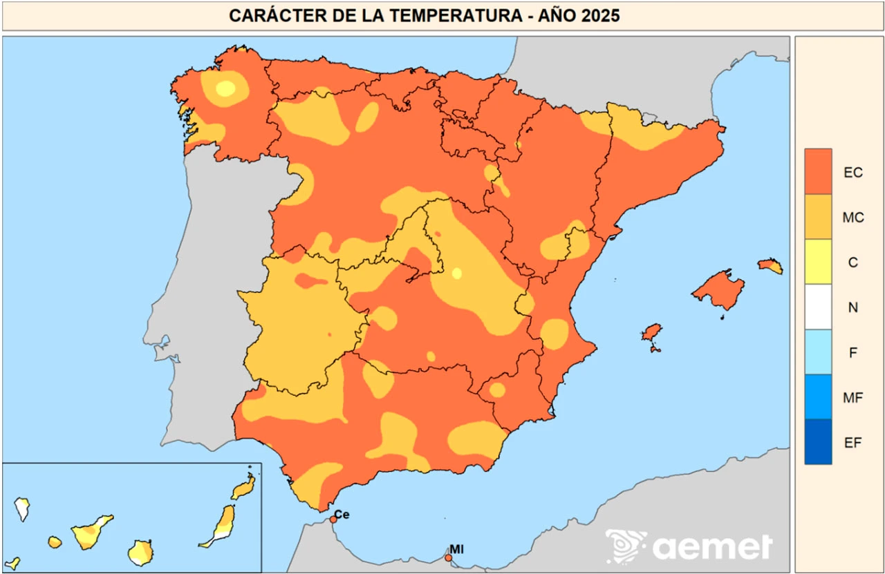 Carácter de la temperatura del año 2025 / Mapa: AEMET Carácter de la temperatura del año 2025 / Mapa: AEMET