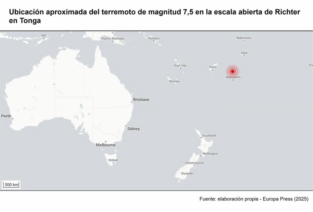 Ubicación aproximada del teremoto de magnitud 7,5 en la escala de Richter en Tonga / Mapa: EP