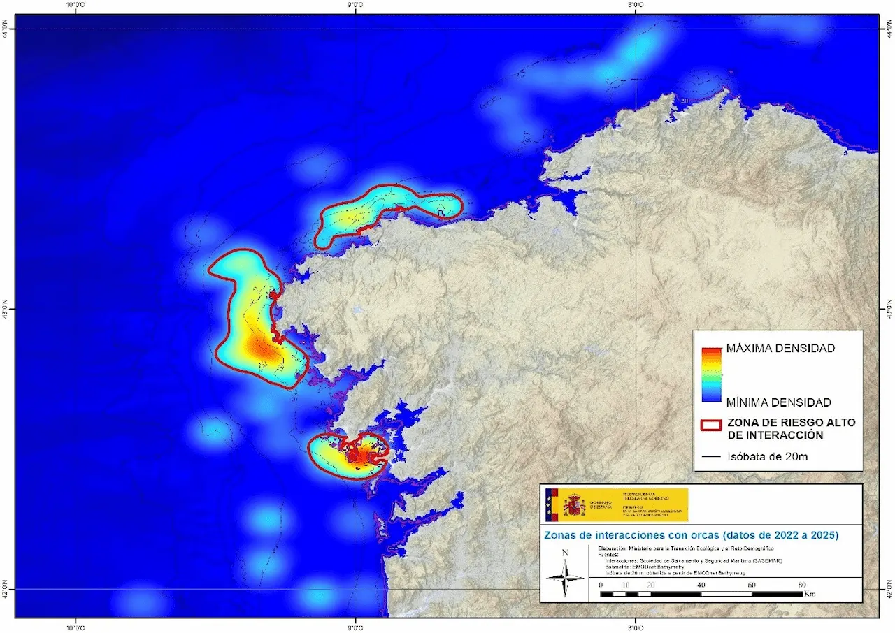 Mapa con la densidad de presencia de orcas frente a la costa noreste, con áreas de riesgo alto señaladas en rojo / Imagen: Ministerio de Transportes
