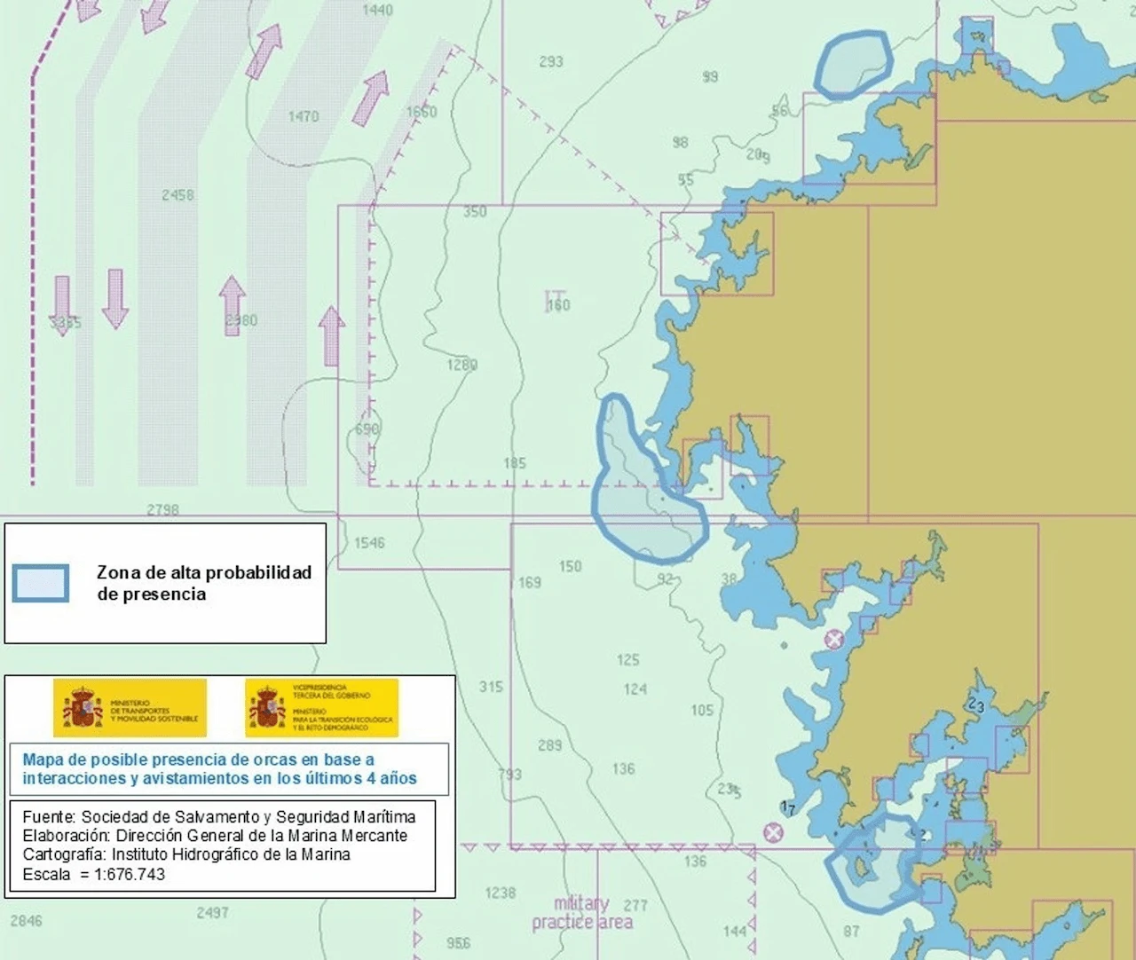 Carta náutica con áreas azules que indican alta probabilidad de presencia de orcas según avistamientos recientes / Imagen: Ministerio de Transporte