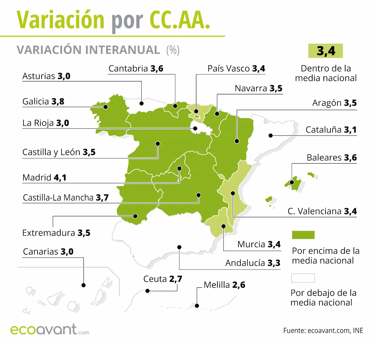 Variación interanual de la inflación y el Índice de Precios de Consumo (IPC) por CCAA hasta marzo de 2026 / Mapa: EA