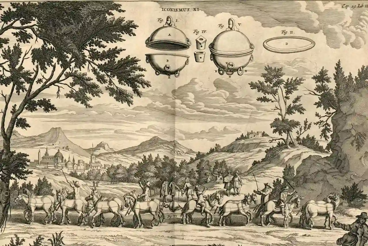 Grabado de Gaspar Schott del experimento de Otto von Guericke de los hemisferios de Magdeburgo / Imagen: WMC