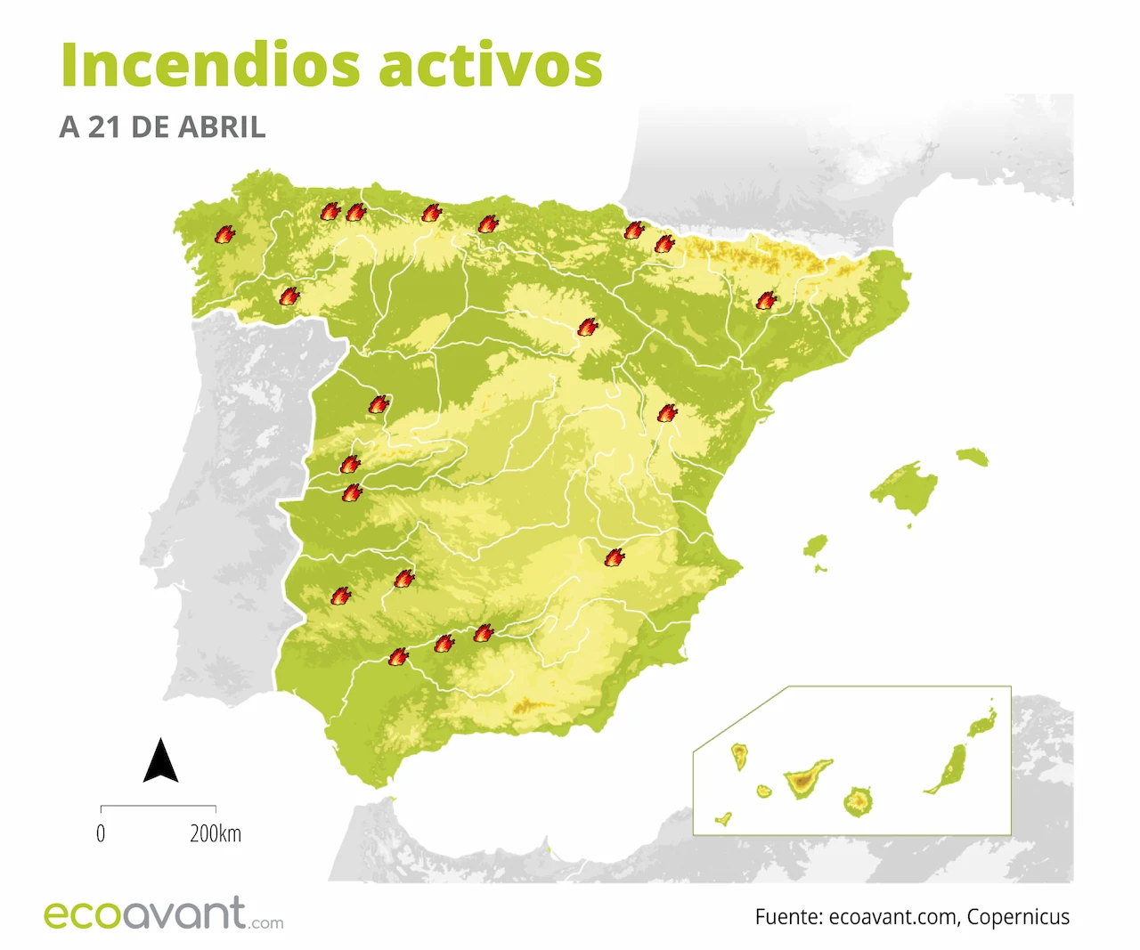 Mapa de los incendios forestales activos a 21 de abril de 2026 / Imagen: EA