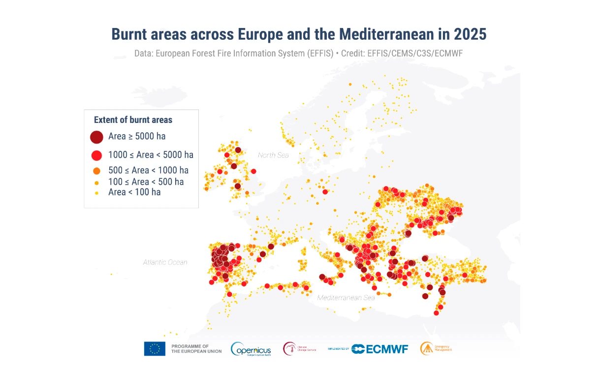 Tanto la superficie quemada por los incendios forestales como las emisiones de los mismos alcanzaron niveles récord / Mapa: Copernicus