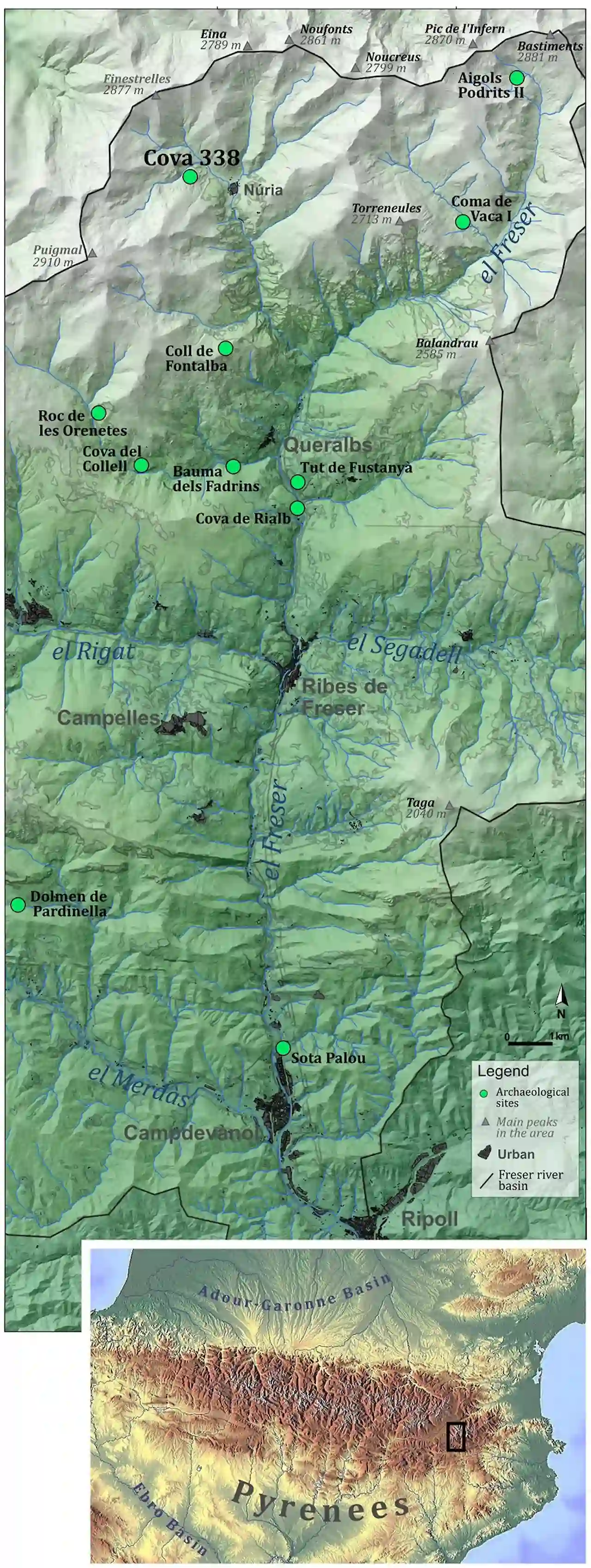 Mapa de la cuenca del río Freser que localiza Cova 338 y el conjunto de yacimientos prehistóricos de la zona / Imagen: Departamento de Prehistoria UAB