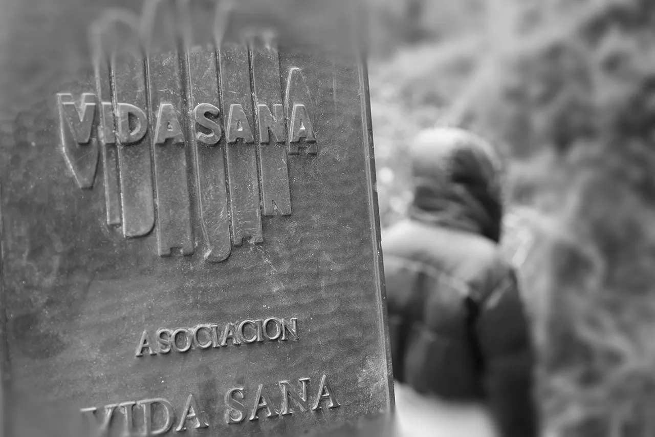 Logotipo de la Asociación Vida Sana (AVS), organizadora de BioCultura,y un antiguo integrante de la denominada “secta comuna Vida Sana” al fondo / Foto: EA