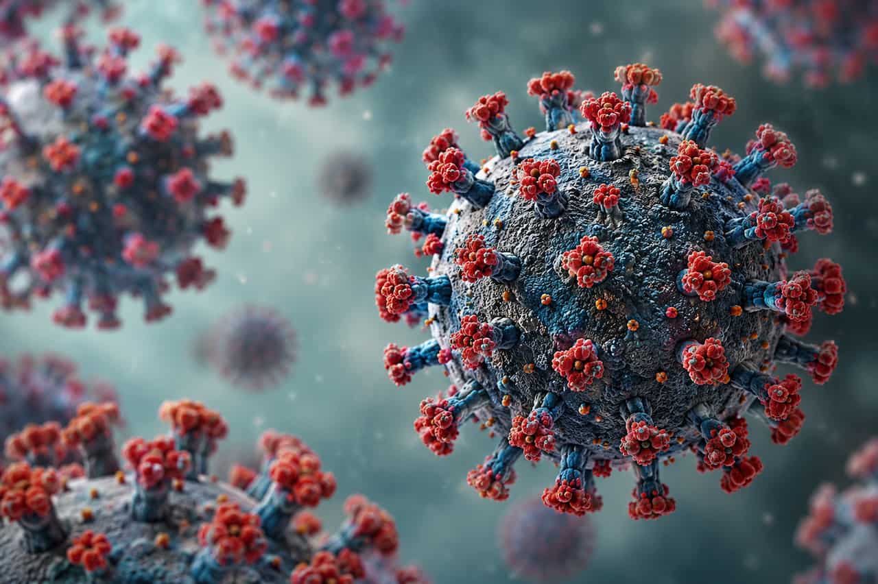 Recreación ilustrada partículas virales de hantavirus en ambiente microscópico / Imagen: IA - EA