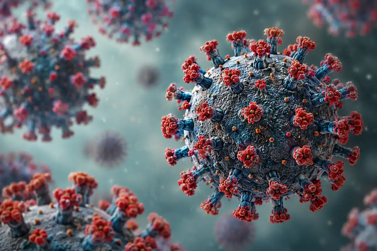 Recreación ilustrada partículas virales de hantavirus en ambiente microscópico / Imagen: IA - EA