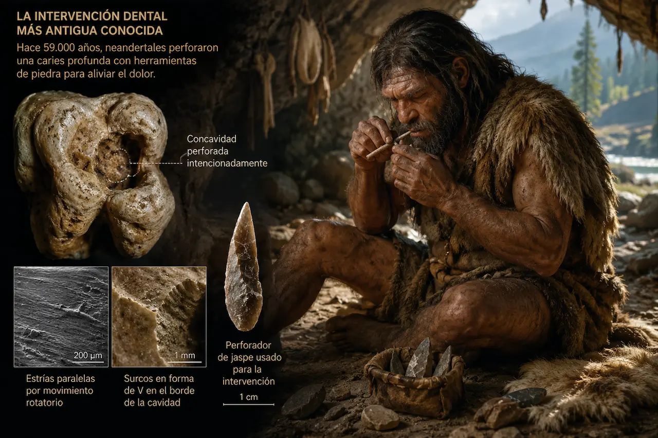 Recreación artística de un neandertal realizando una intervención dental hace unos 59.000 años en la cueva de Chagyrskaya en Siberia, Rusia / Imgen: GPIA - EA