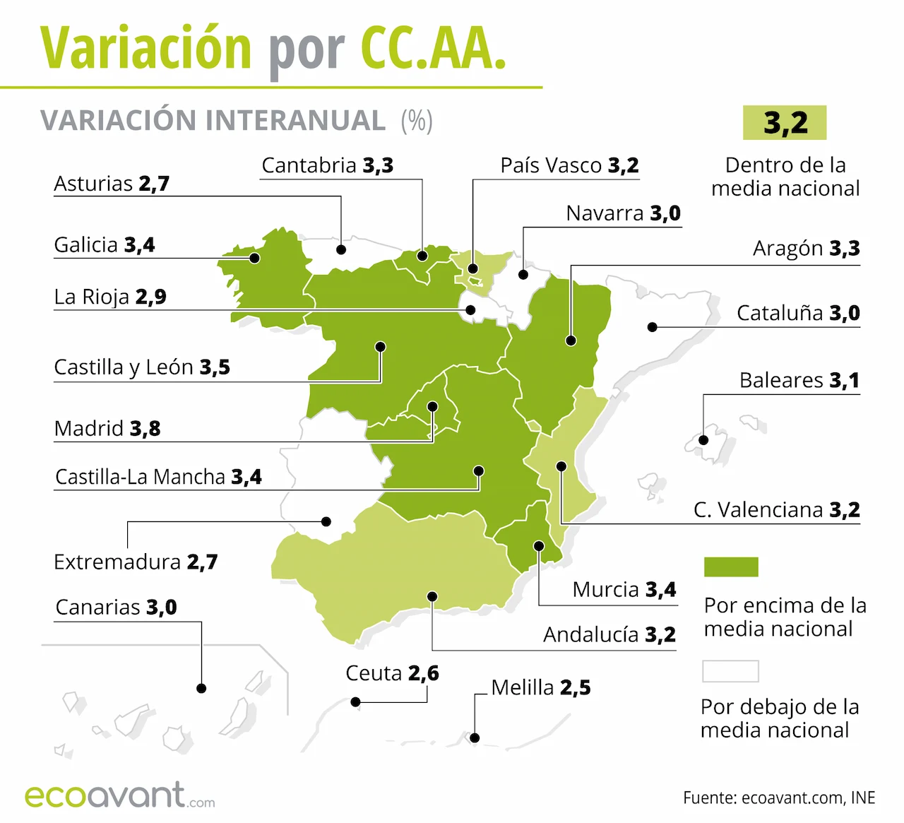 Variación interanual de la inflación y el Índice de Precios de Consumo (IPC) por CCAA hasta abril de 2026 / Mapa: EA