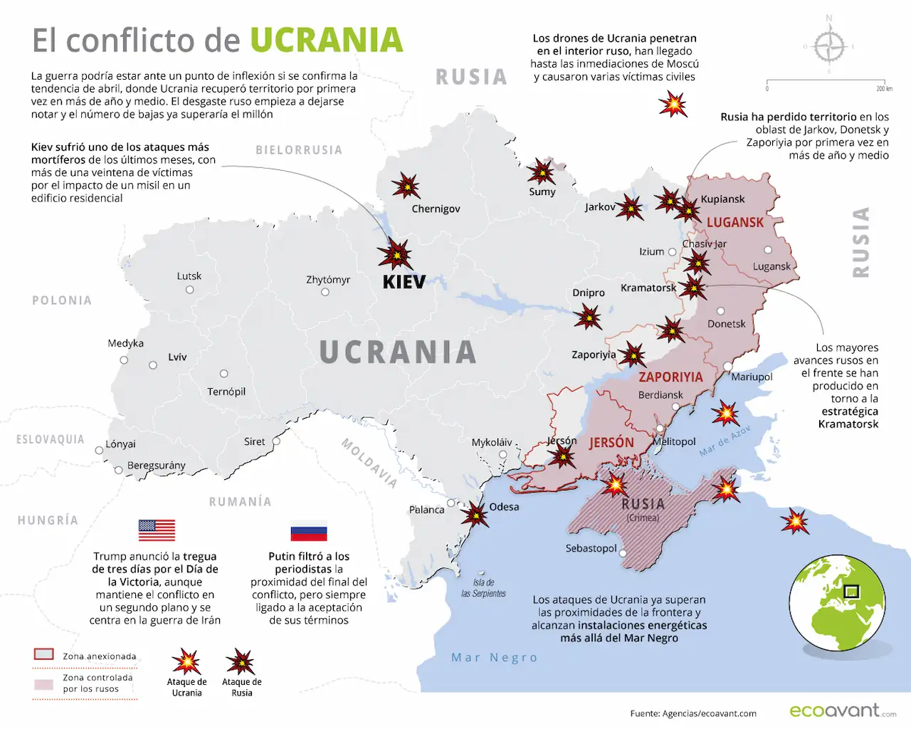 Mapa de la guerra en Ucrania a 18 de mayo de 2026 / Imagen: EA