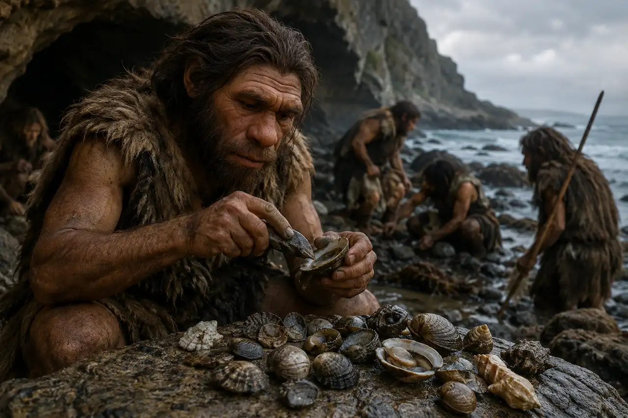 Neandertales recolectan moluscos en la costa de Los Aviones, en Cartagena, hace unos 115.000 años, según una recreación basada en el estudio publicado en 'PNAS' / Imagen: PGIA Neandertales recolectan moluscos en la costa de Los Aviones, en Cartagena, hace unos 115.000 años, según una recreación basada en el estudio publicado en 'PNAS' / Imagen: PGIA
