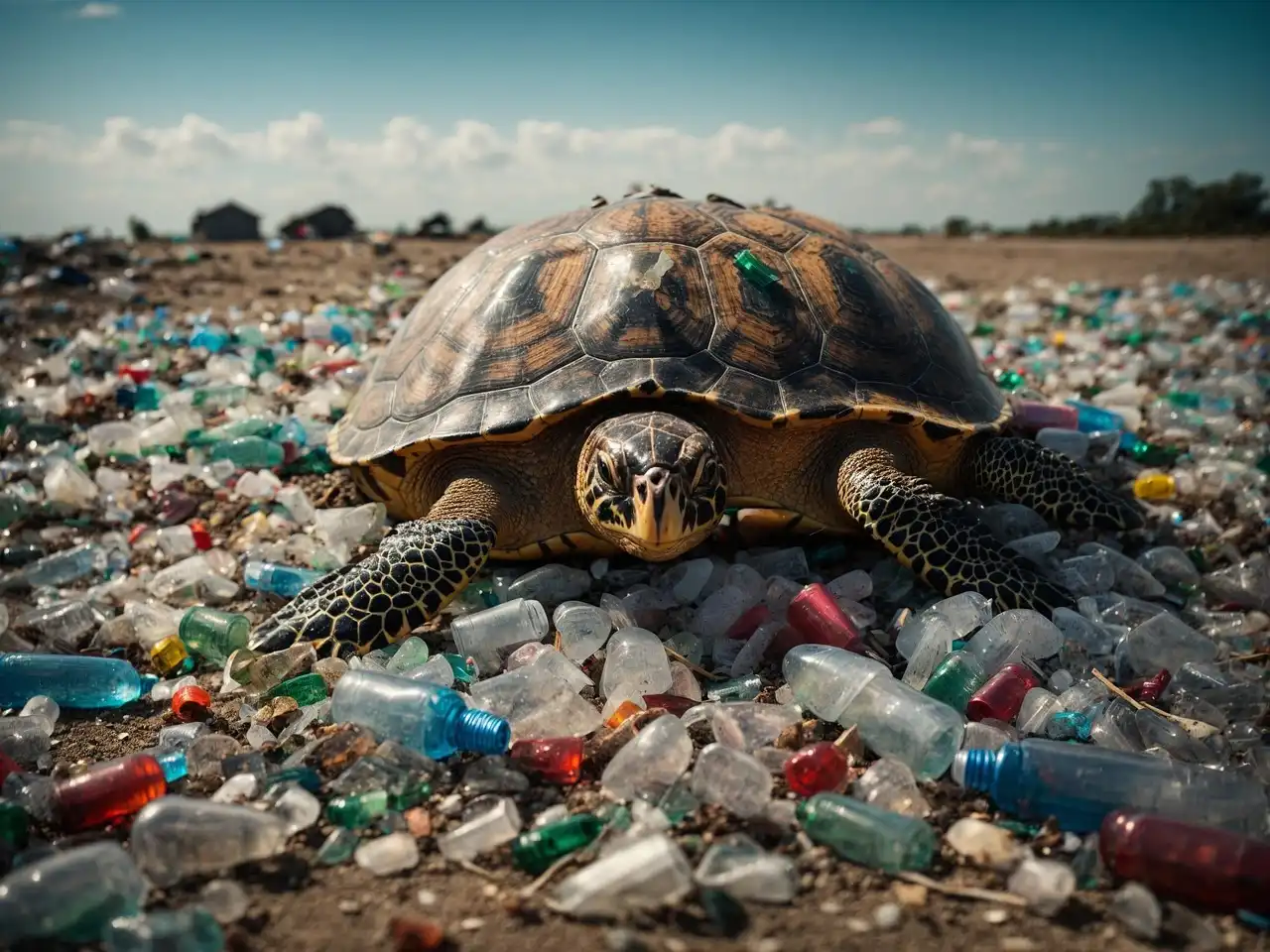 Una tortuga marina entre residuos plásticos acumulados en una playa / Foto: PB