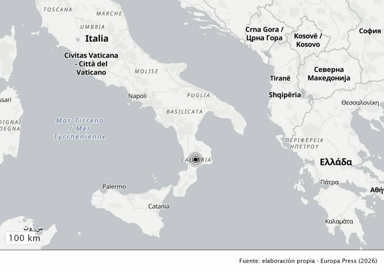 Mapa de localización del terremoto de magnitud 6,2 registrado frente a la costa de Calabria, en el sur de Italia / Mapa: EP Mapa de localización del terremoto de magnitud 6,2 registrado frente a la costa de Calabria, en el sur de Italia / Mapa: EP