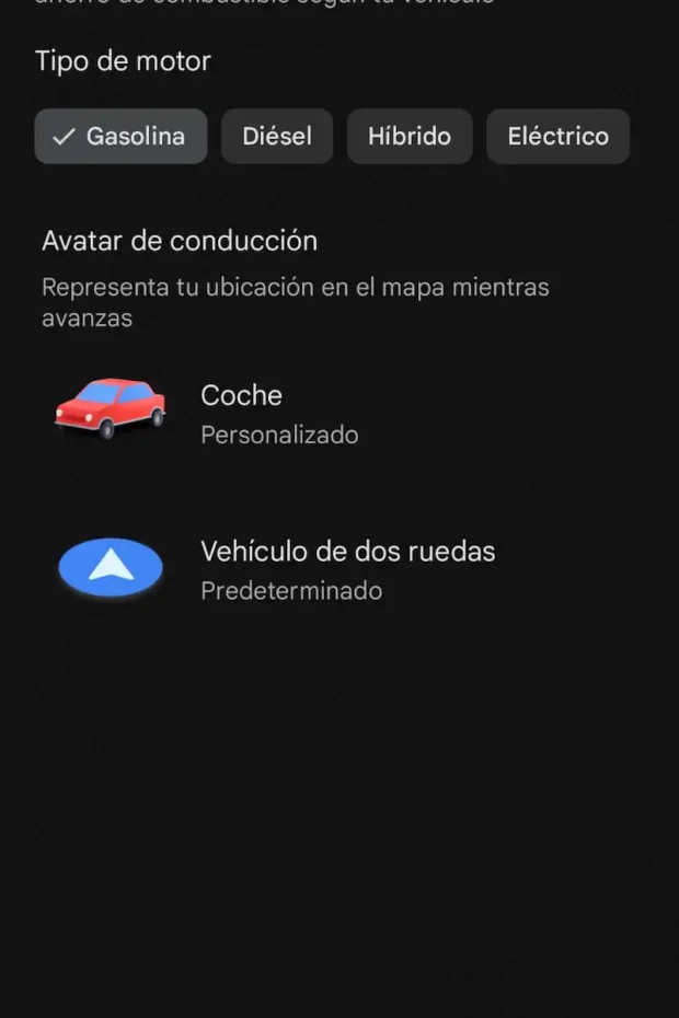 Selección de vehículo en Google Maps (Android)