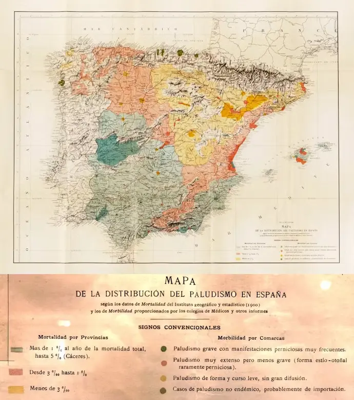 Mapa de incidencia de la malaria en España a inicios del siglo XX