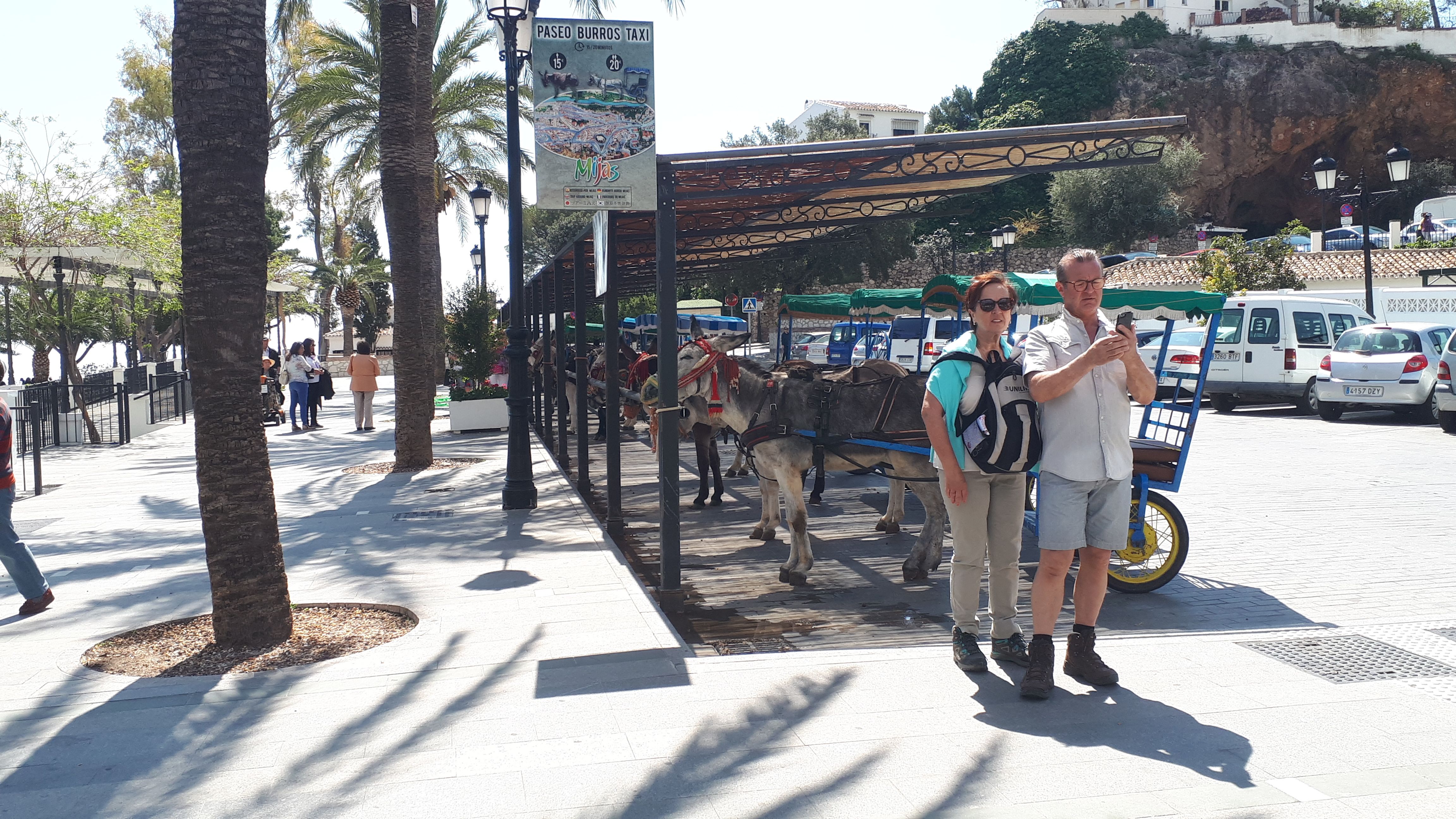 Unos turistas se fotografían ante la parada de burros-taxi en la localidad malagueña / Foto: Néstor Cenizo