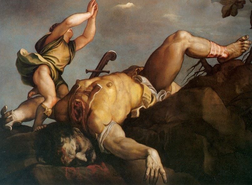 David matando a Goliat pintados por Tiziano en la Basílica Santa María de la Salud, en Venecia / Foto: Dominio Público