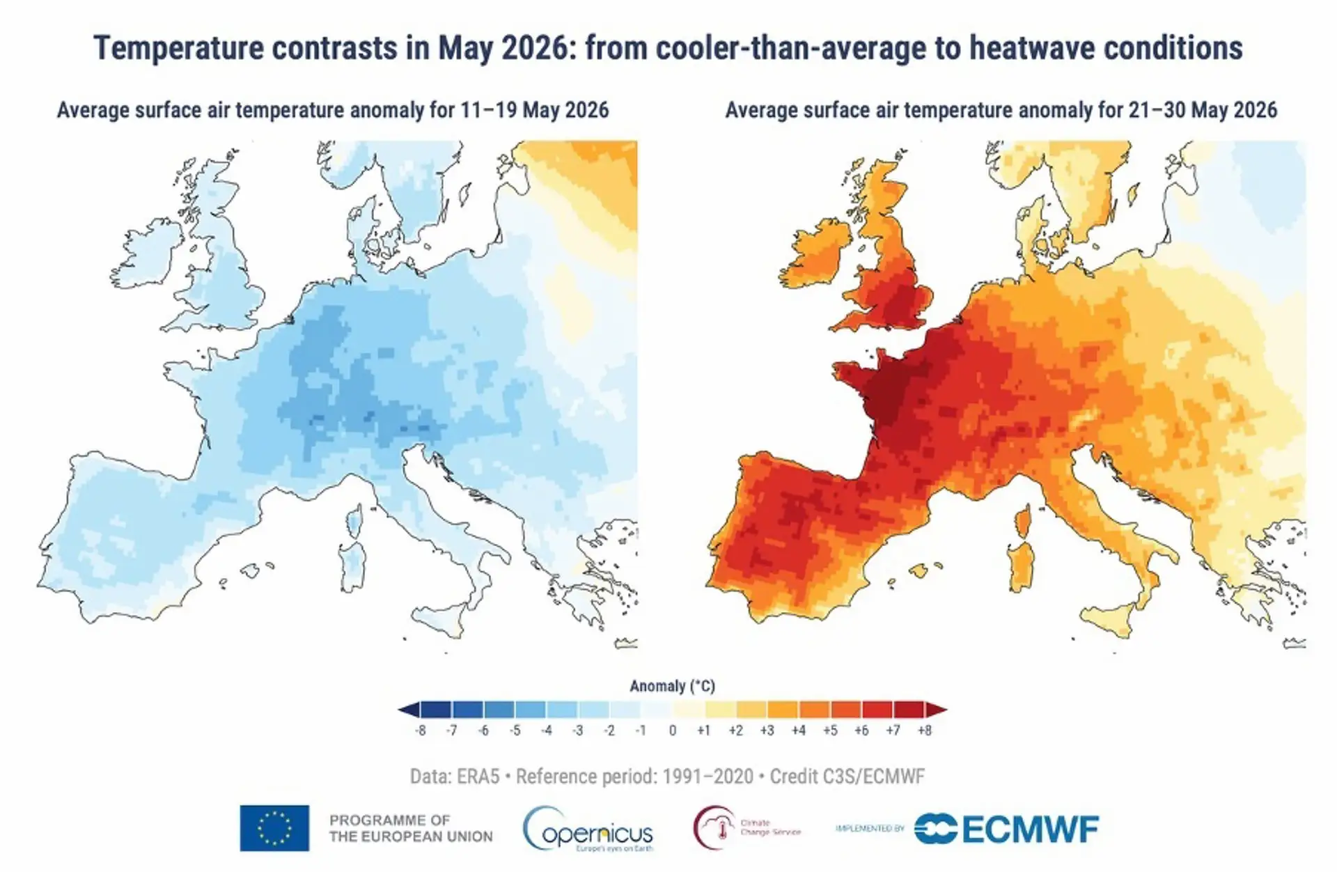 Anomalía de la temperatura media diaria del aire en superficie para (izquierda) el 11-19 de mayo de 2026 y (derecha) el 21-30 de mayo de 2026 / Imagen: C3S-CEPMPM Anomalía de la temperatura media diaria del aire en superficie para (izquierda) el 11-19 de mayo de 2026 y (derecha) el 21-30 de mayo de 2026 / Imagen: C3S-CEPMPM