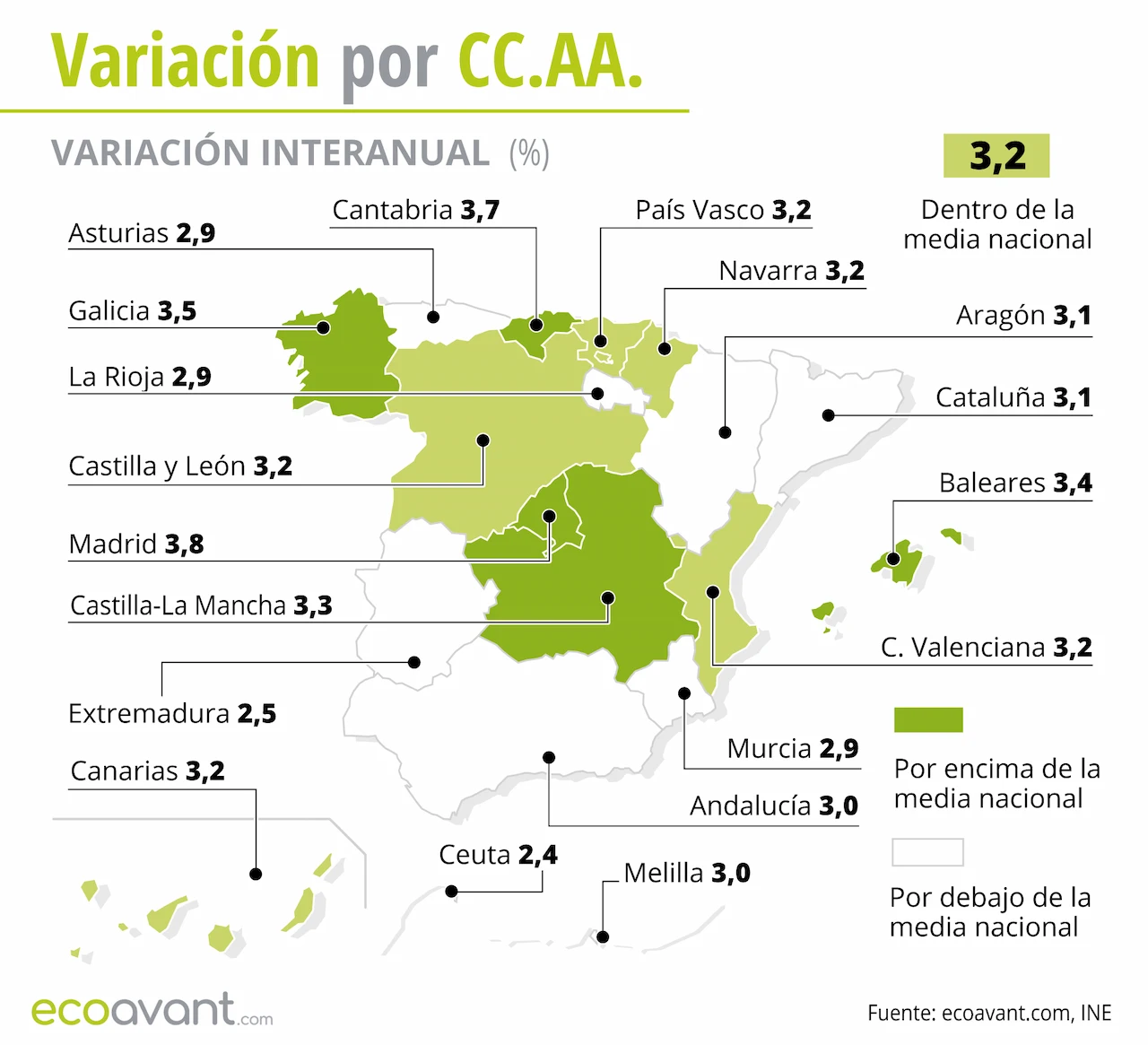 Variación interanual de la inflación y el Índice de Precios de Consumo (IPC) por CCAA hasta mayo de 2026 / Mapa: EA