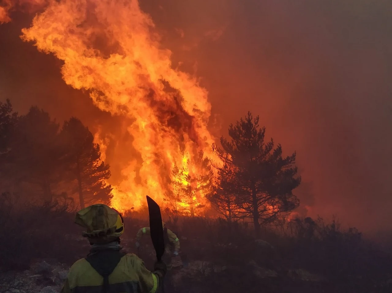 Incendio forestal en Puerto del Pico, Ávila. Dos bomberos de la BRIF luchan contra las llamas / Foto: EP