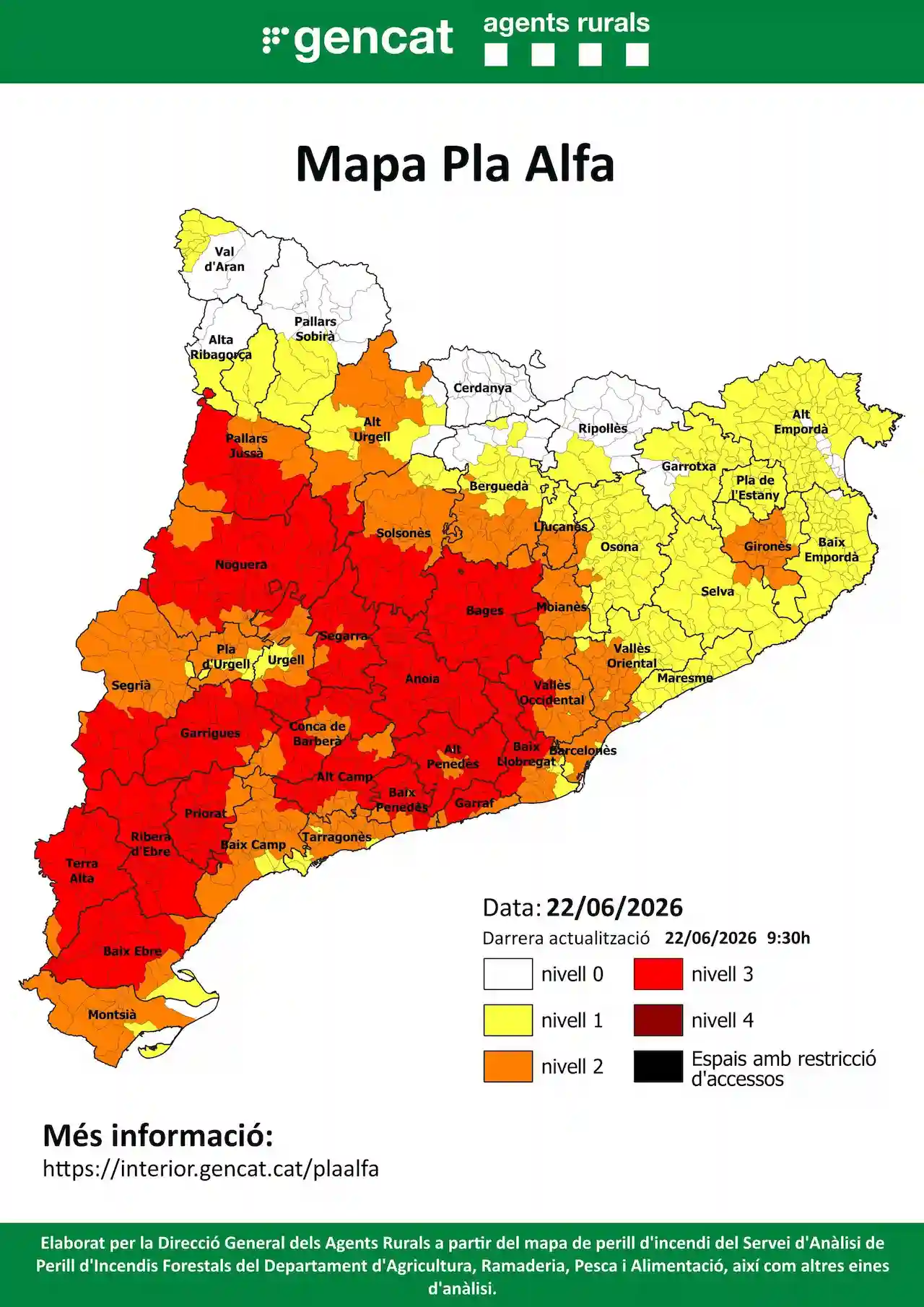 Mapa del Pla Alfa. Alto riesgo de incendios en Catalunya / Imagen: Agents Rurals