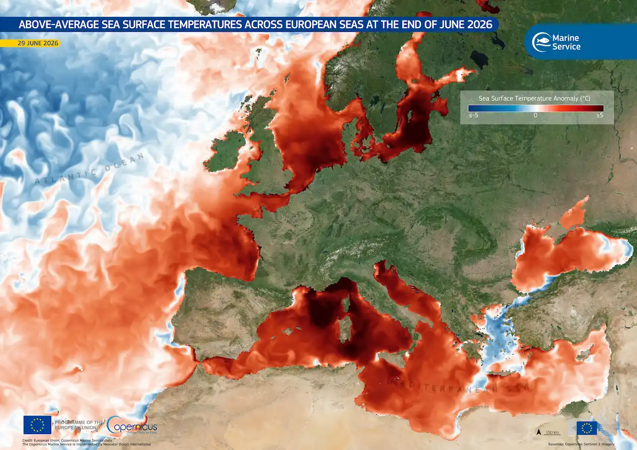Anomalías de temperatura de la superficie del mar en aguas europeas a finales de junio de 2026 / Imagen: Copernicus Anomalías de temperatura de la superficie del mar en aguas europeas a finales de junio de 2026 / Imagen: Copernicus