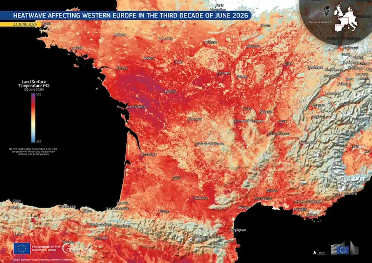 Mapa de la ola de calor que afecta a Europa occidental en la tercera decena de junio de 2026 / Imagen: Copernicus