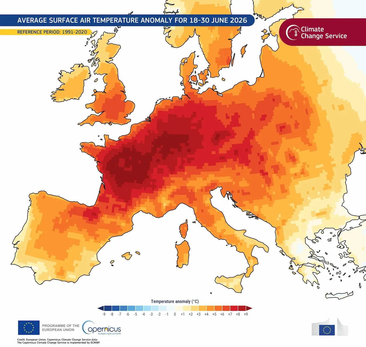 Anomalía de la temperatura media del aire en superficie del 18 al 30 de junio de 2026. Periodo de referencia 1991-2020 / Mapa: Copernicus Anomalía de la temperatura media del aire en superficie del 18 al 30 de junio de 2026. Periodo de referencia 1991-2020 / Mapa: Copernicus