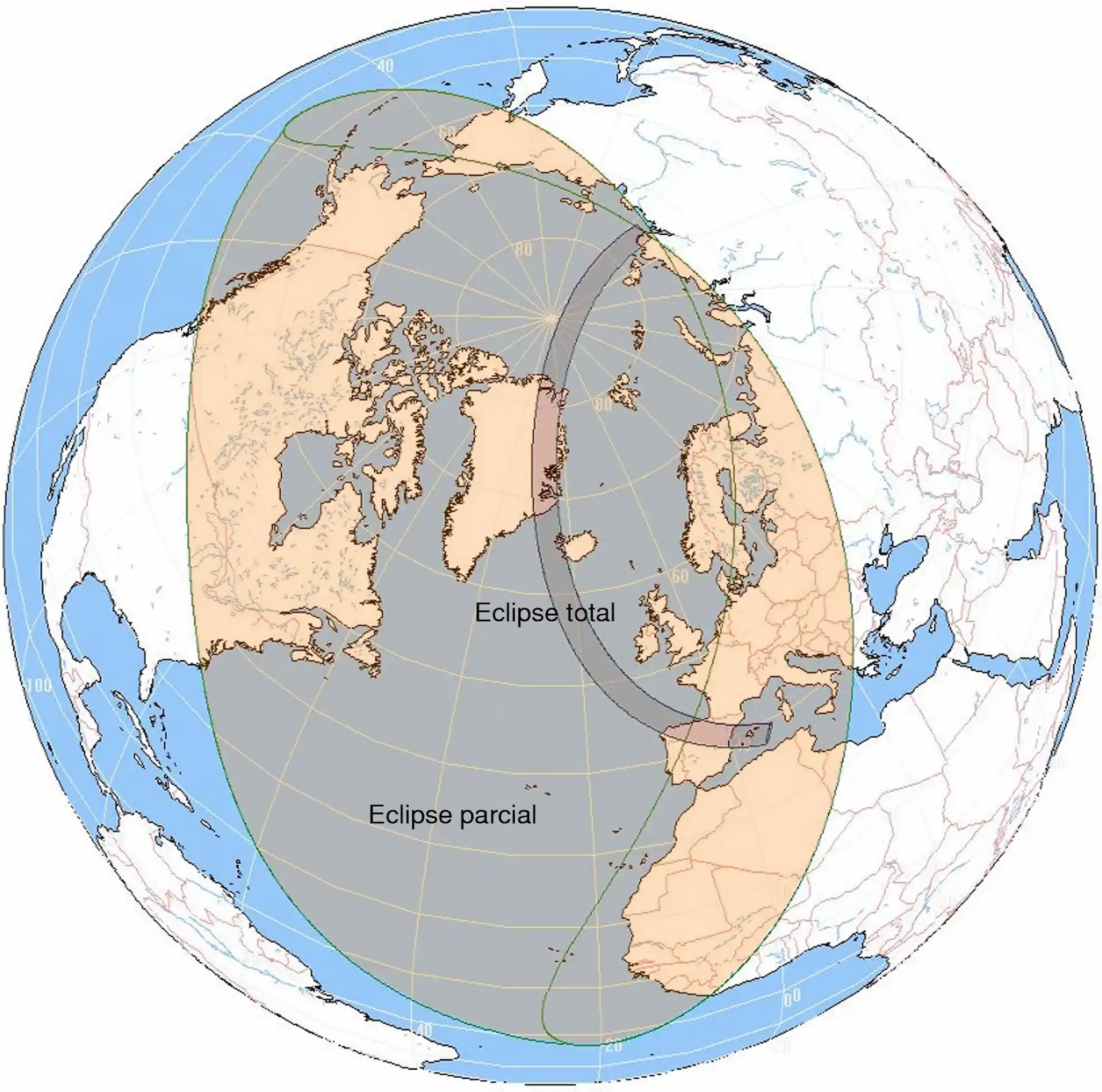 Región de la Tierra donde el eclipse del 12 de agosto de 2026 será visible de alguna manera / Imagen: IGN