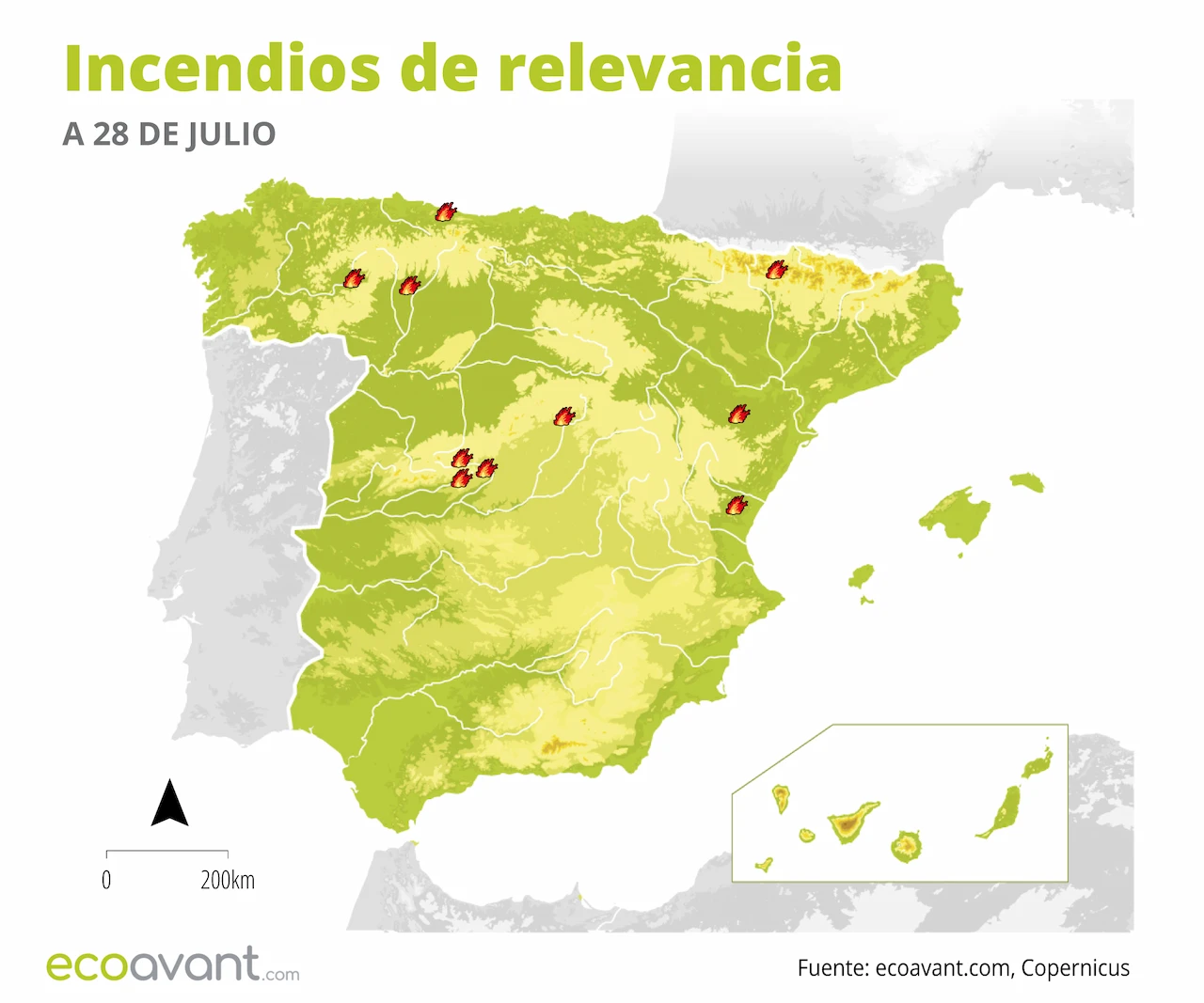 Mapa de los incendios forestales activos a 28 de julio de 2026 / Imagen: EA