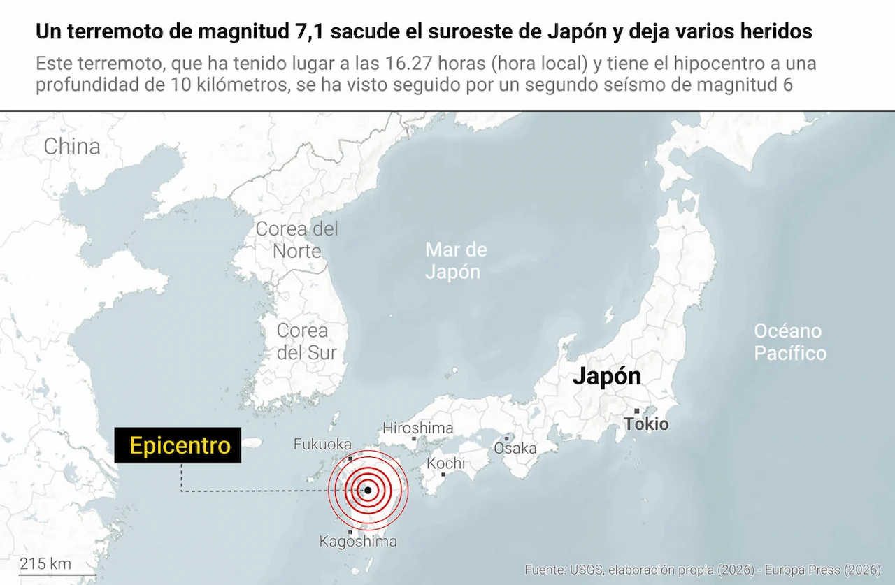 Mapa del terremoto de magnitud 7,1 que ha sacudido el suroeste de Japón / Imagen: EP