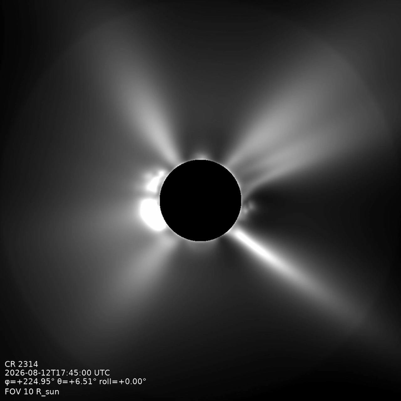 El eclipse del 12 de agosto. Simulación coronal de luz blanca sintética / Imagen: ESA El eclipse del 12 de agosto. Simulación coronal de luz blanca sintética / Imagen: ESA