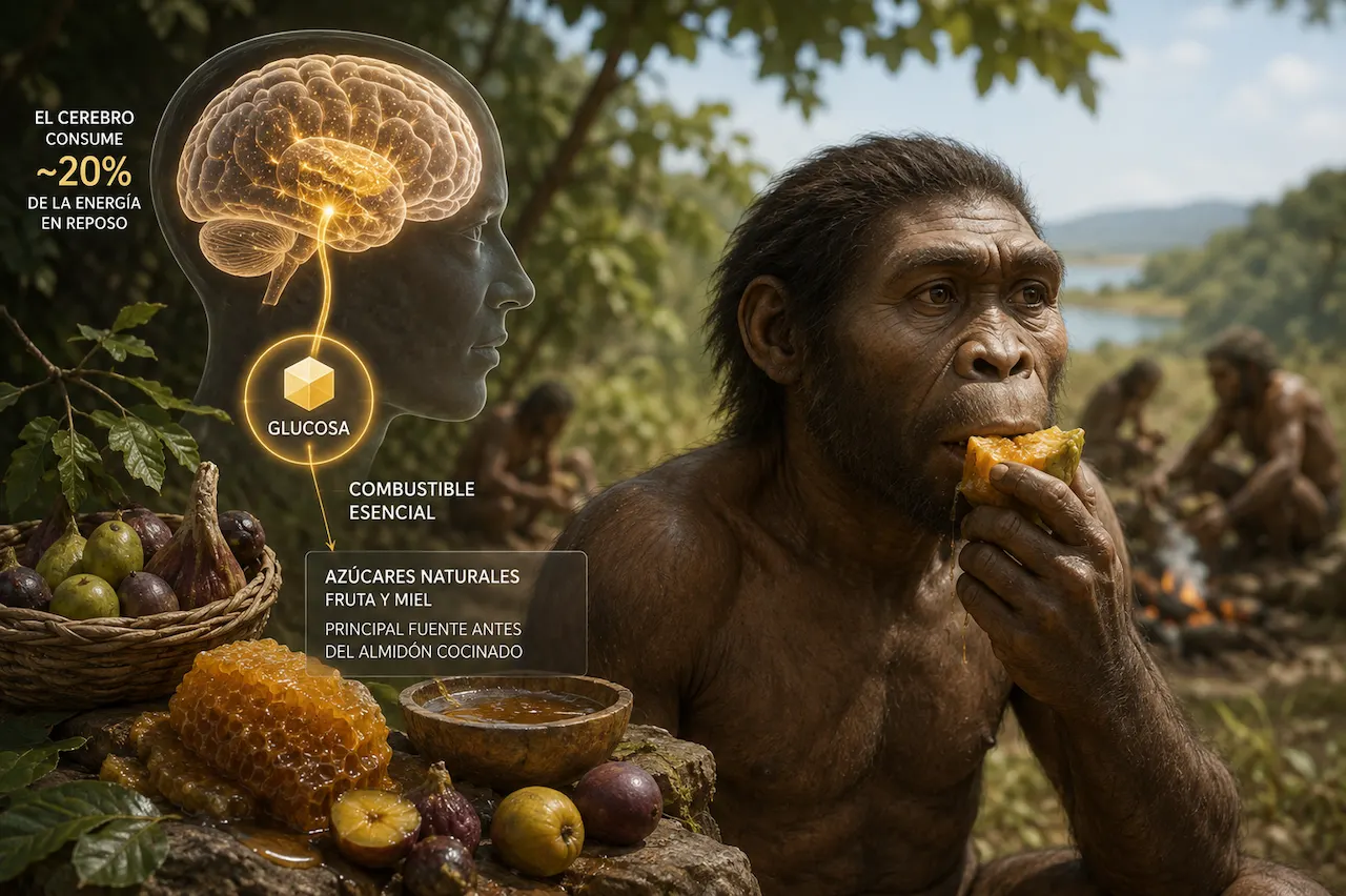 Recreación de un antepasado humano comiendo fruta junto a un panal de miel, basada en los datos del estudio los azúcares naturales fueron la principal fuente de glucosa del cerebro antes del almidón cocinado / Imagen: IA Recreación de un antepasado humano comiendo fruta junto a un panal de miel, basada en los datos del estudio los azúcares naturales fueron la principal fuente de glucosa del cerebro antes del almidón cocinado / Imagen: IA