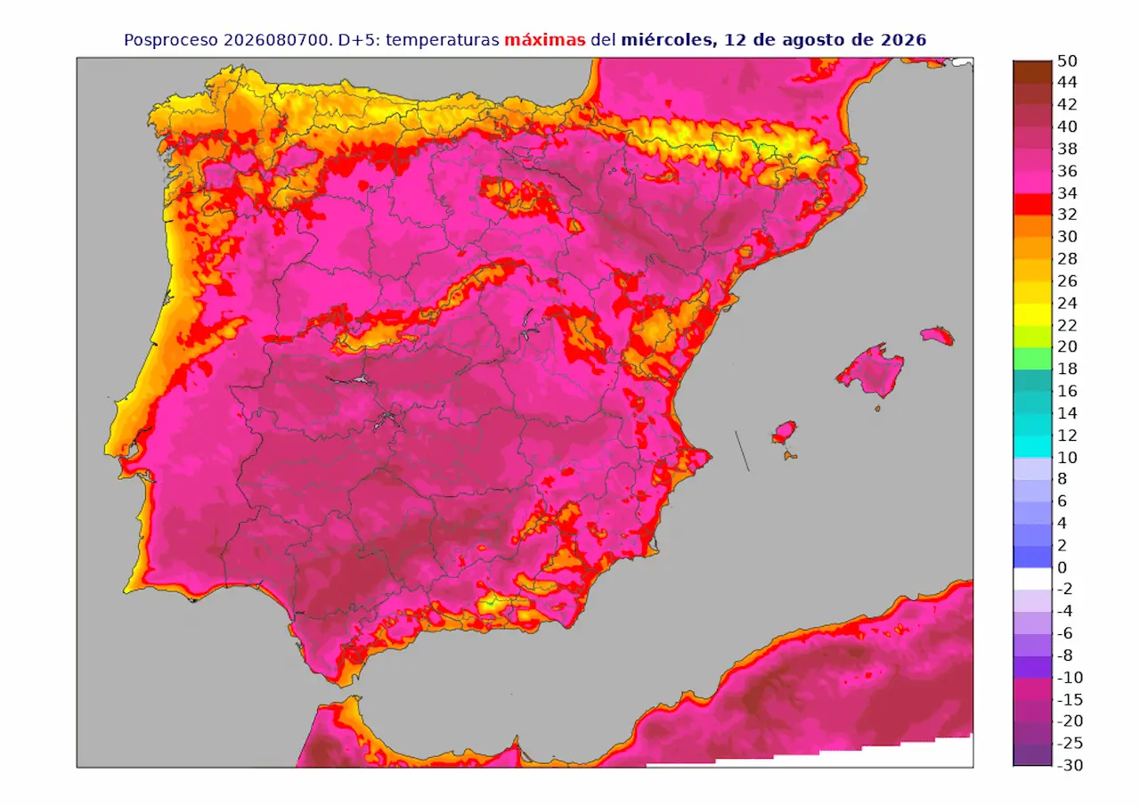 Temperatura máxima prevista para el 12 de agosto de 2026, día del eclipse solar / Mapa: AEMET
