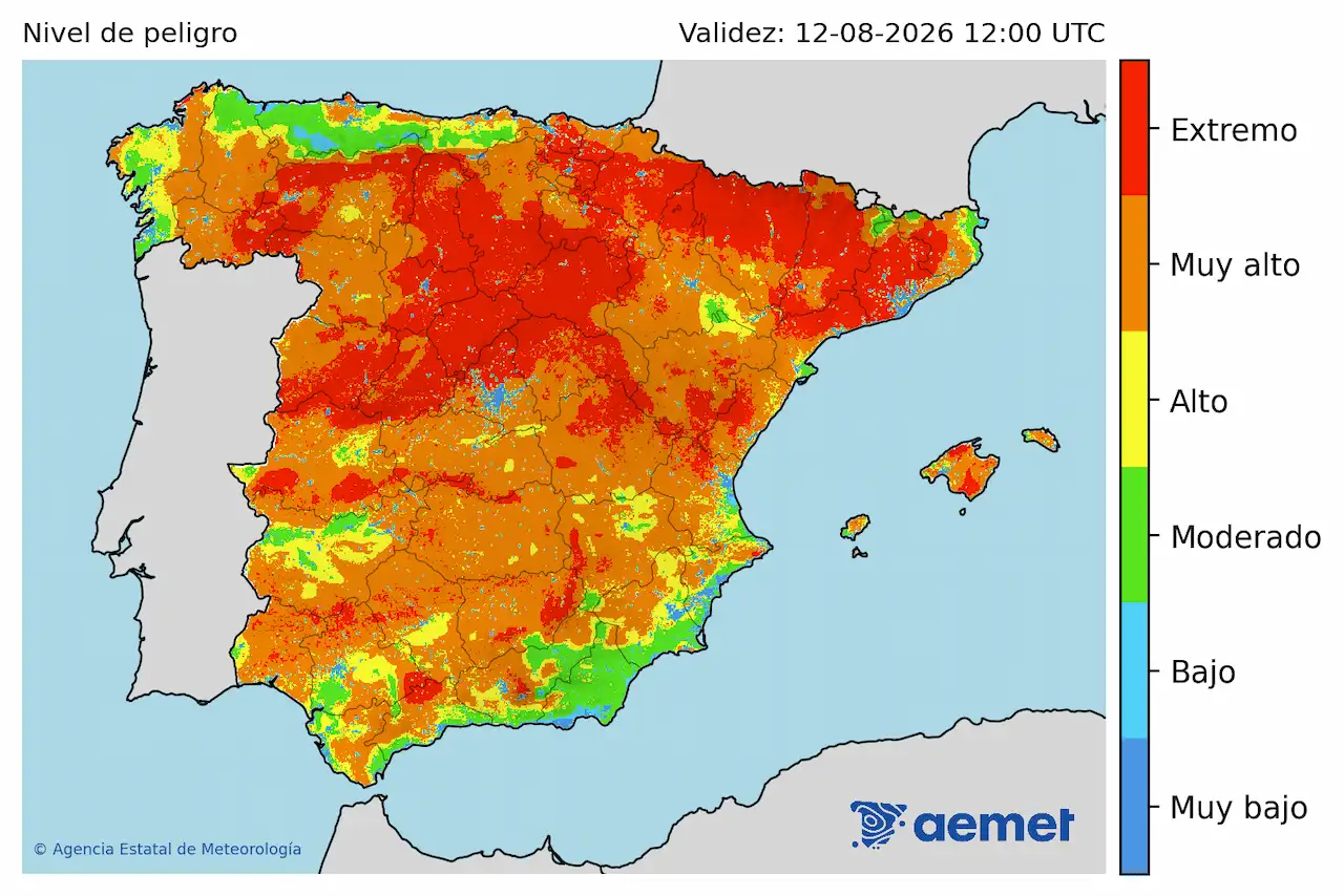 Índice de Peligro de Incendios Forestales (IPIF) para el 12 de agosto / Mapa: AEMET
