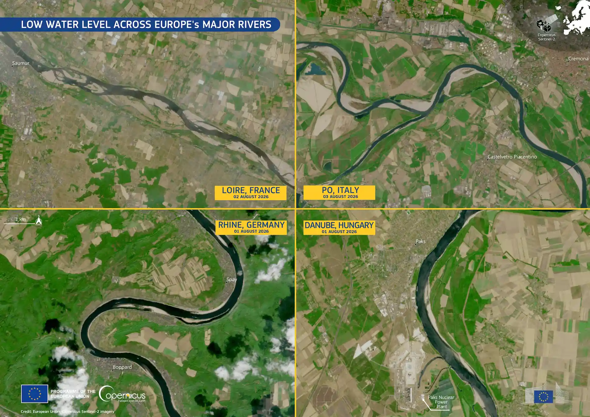Las imágenes de los satélites Copernicus Sentinel-2, captadas entre el 1 y el 3 de agosto de 2026, revelan niveles de agua excepcionalmente bajos en tramos de cuatro de los mayores ríos de Europa: el Loira cerca de Saumur (Francia), el Po cerca de Cremona (Italia), el Rin cerca de Boppard (Alemania) y el Danubio cerca de Paks (Hungría) / Foto: Unión Europea, imágenes de Copernicus Sentinel-2