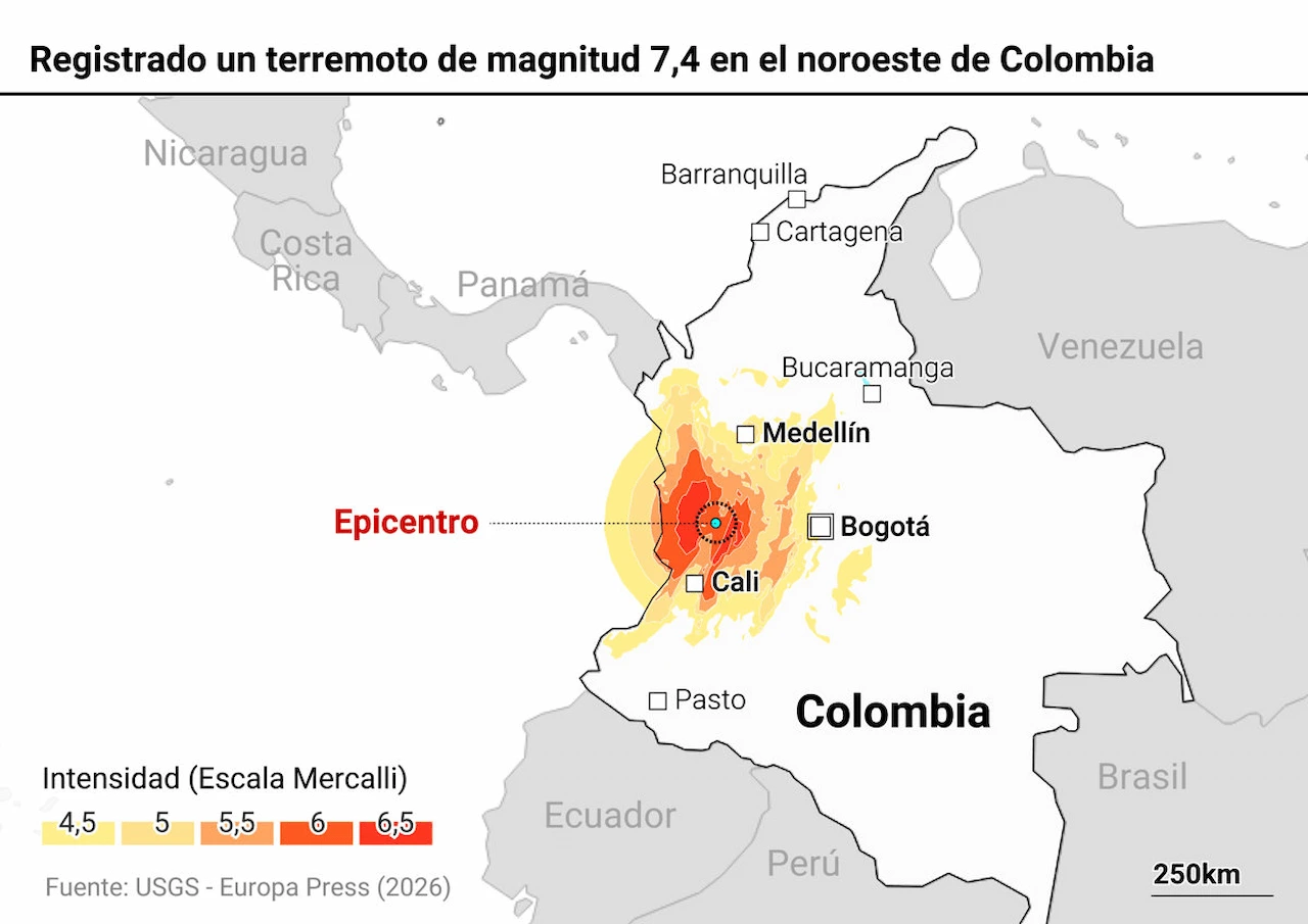Mapa del terremoto registrado de magnitud 7,4 en el noroeste de Colombia / Imagen: EP