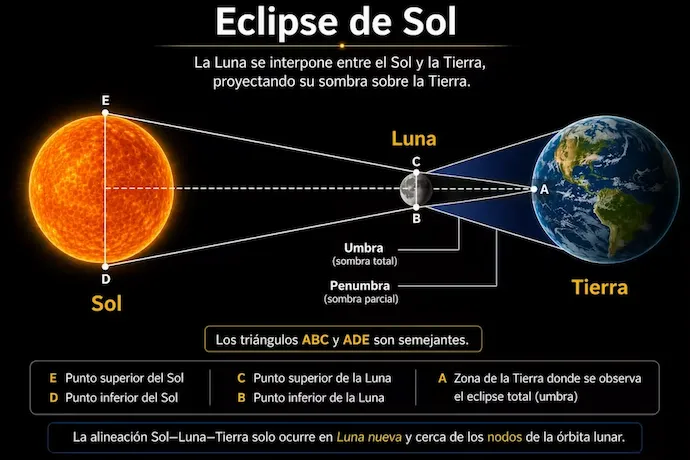 La igualdad de los diámetros aparentes del Sol y de la Luna equivale geométricamente a afirmar que los triángulos ABC y ADE son semejantes.