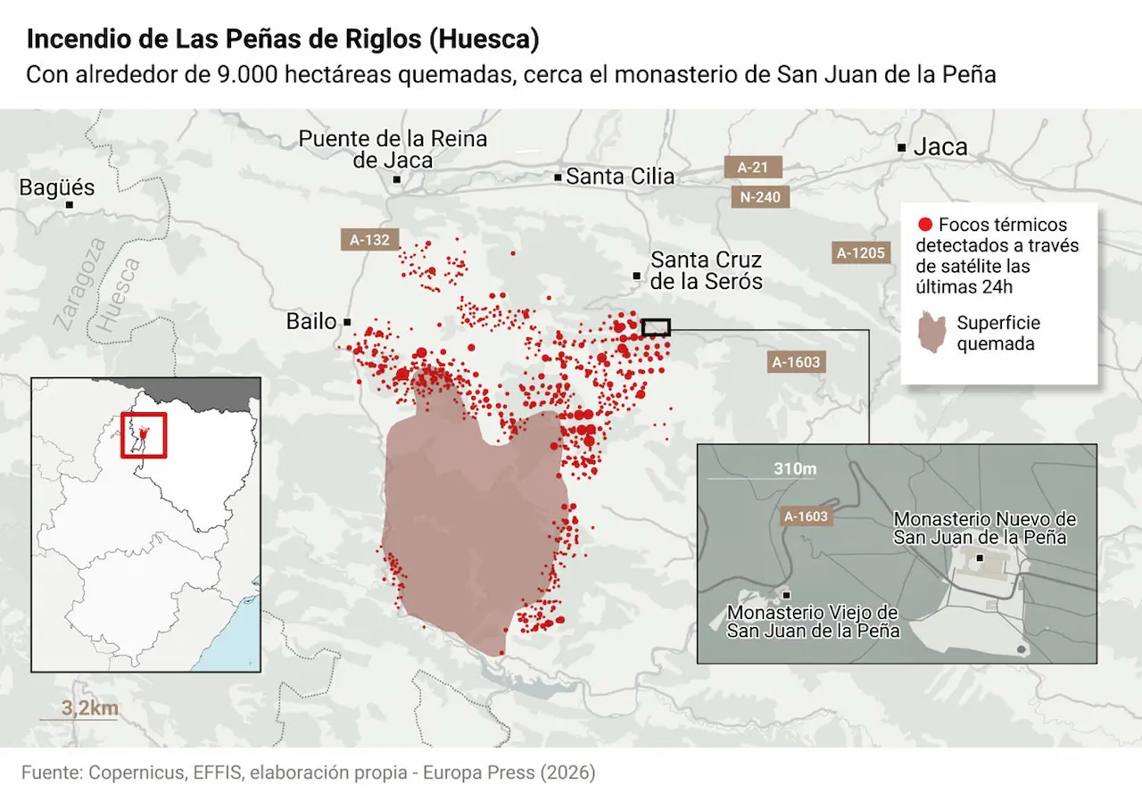 Mapa del incendio de Peñas de los Riglos, en Huesca, Aragón (España) / Imagen: EP